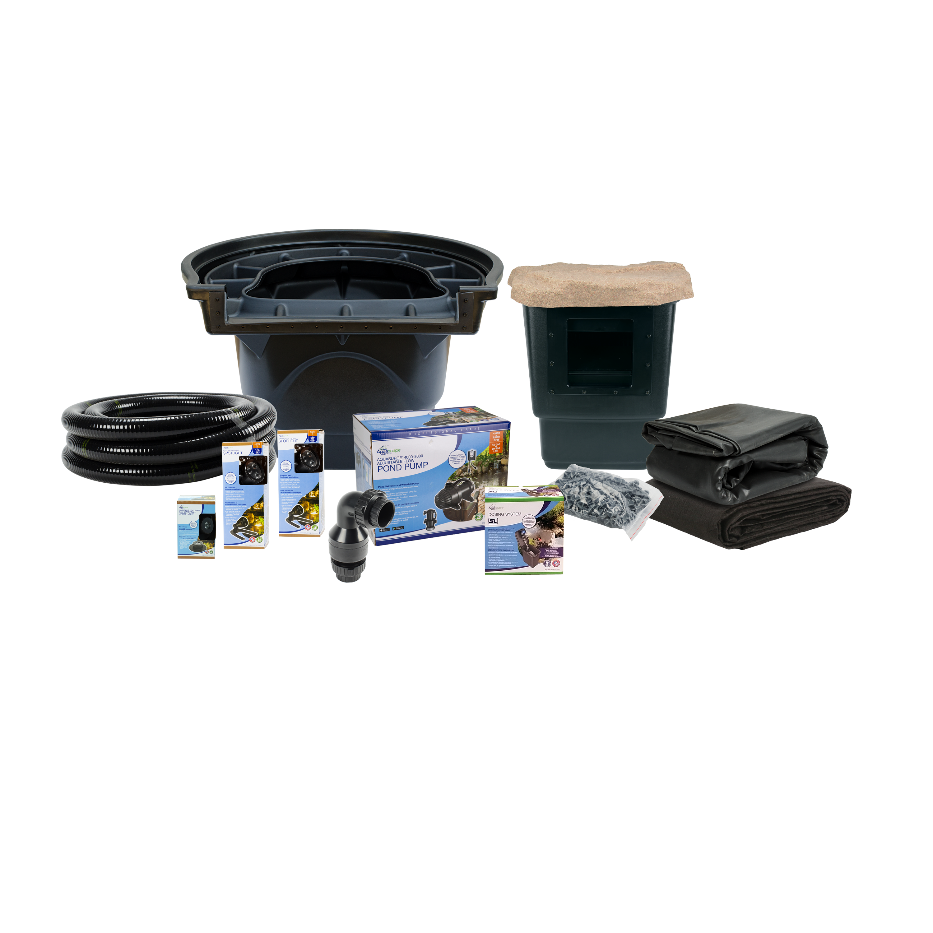 Aquascape Large Pond Kit contents: skimmer, BioFalls filter, AquaSurge adjustable pump, LED lighting, liner and underlay