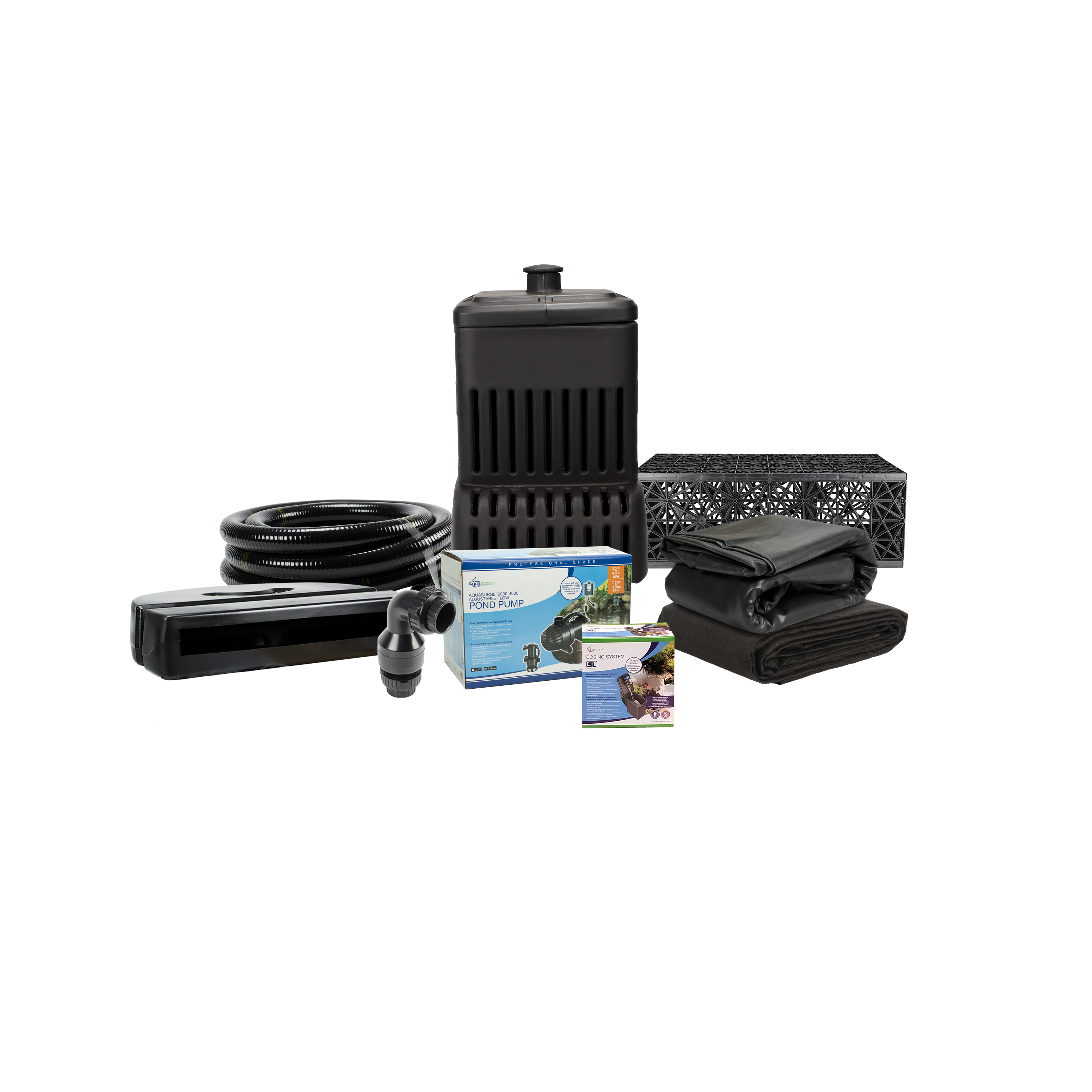 Aquascape Small Pondless Waterfall Kit for a 2m stream, contents: Pondless waterfall vault, 3 small AquaBlox, spillway, AquaSurge adjustable pump, dosing system, EPDM liner and underlay