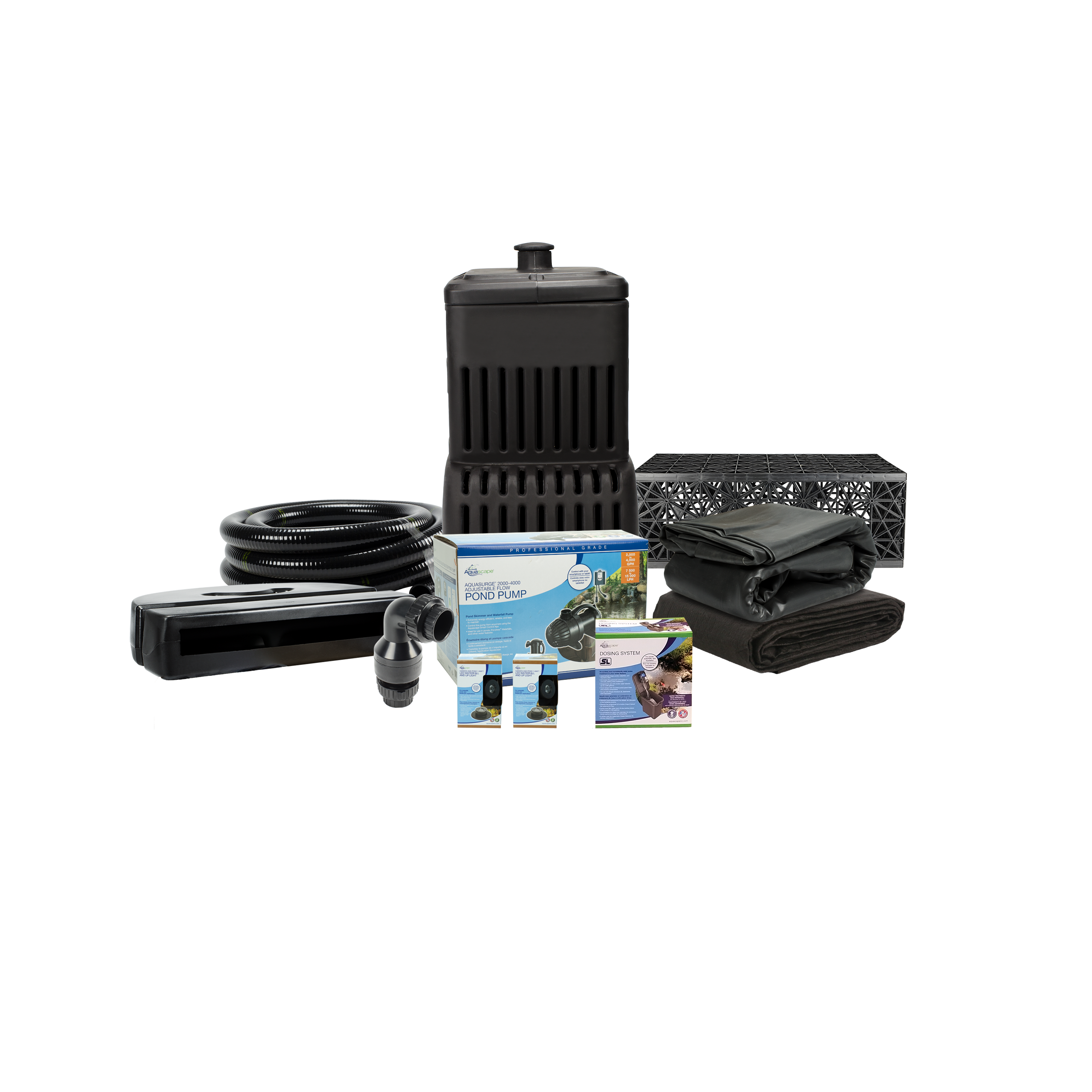Aquascape Medium Pondless Waterfall Kit for a 5m stream, contents: Pondless waterfall vault, 5 small AquaBlox, spillway, AquaSurge pump, dosing system, EPDM liner and underlay