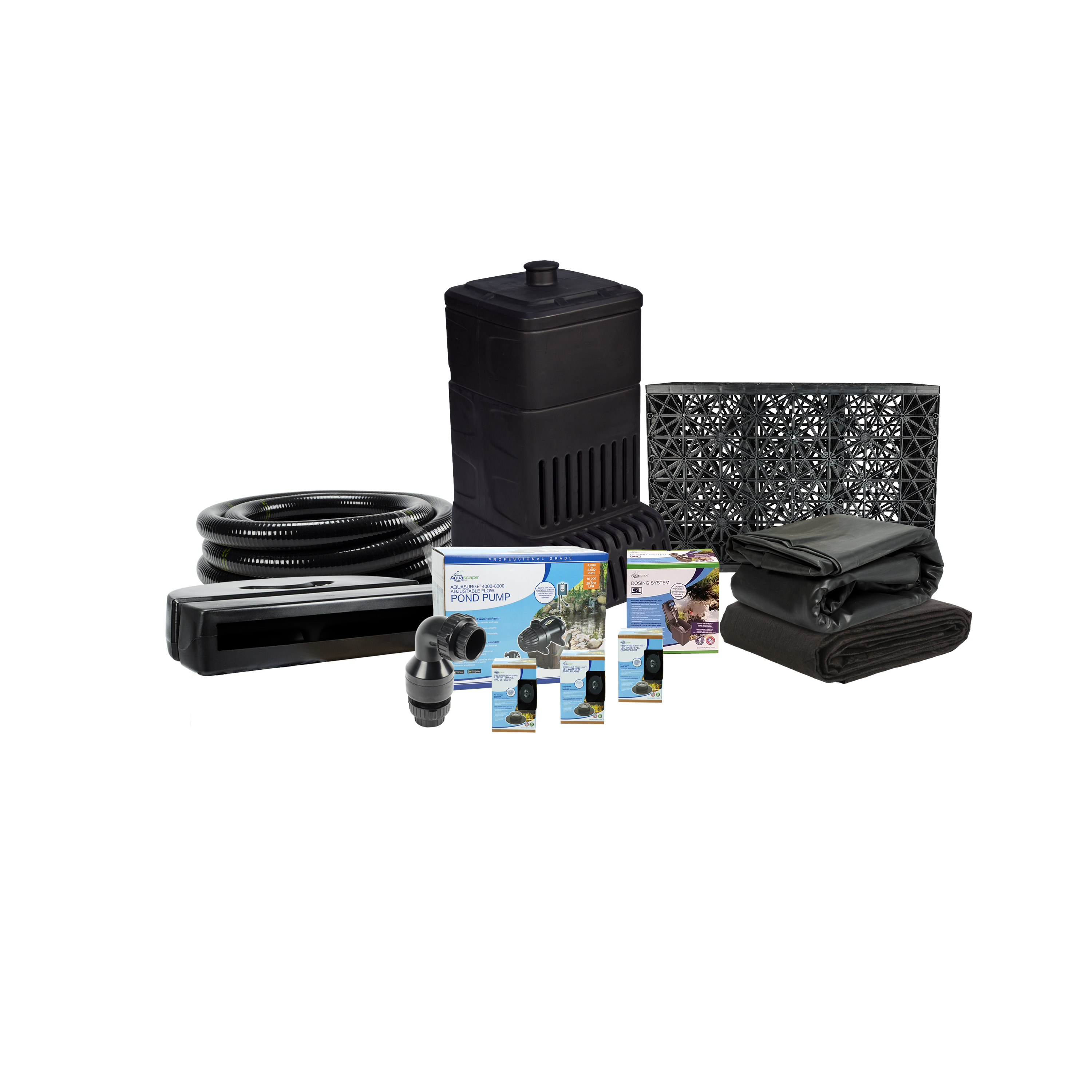 Aquascape Large Pondless Waterfall Kit for an 8m stream, contents: Pondless waterfall vault, 5 large AquaBlox, spillway, AquaSurge pump, dosing system, EPDM liner and underlay