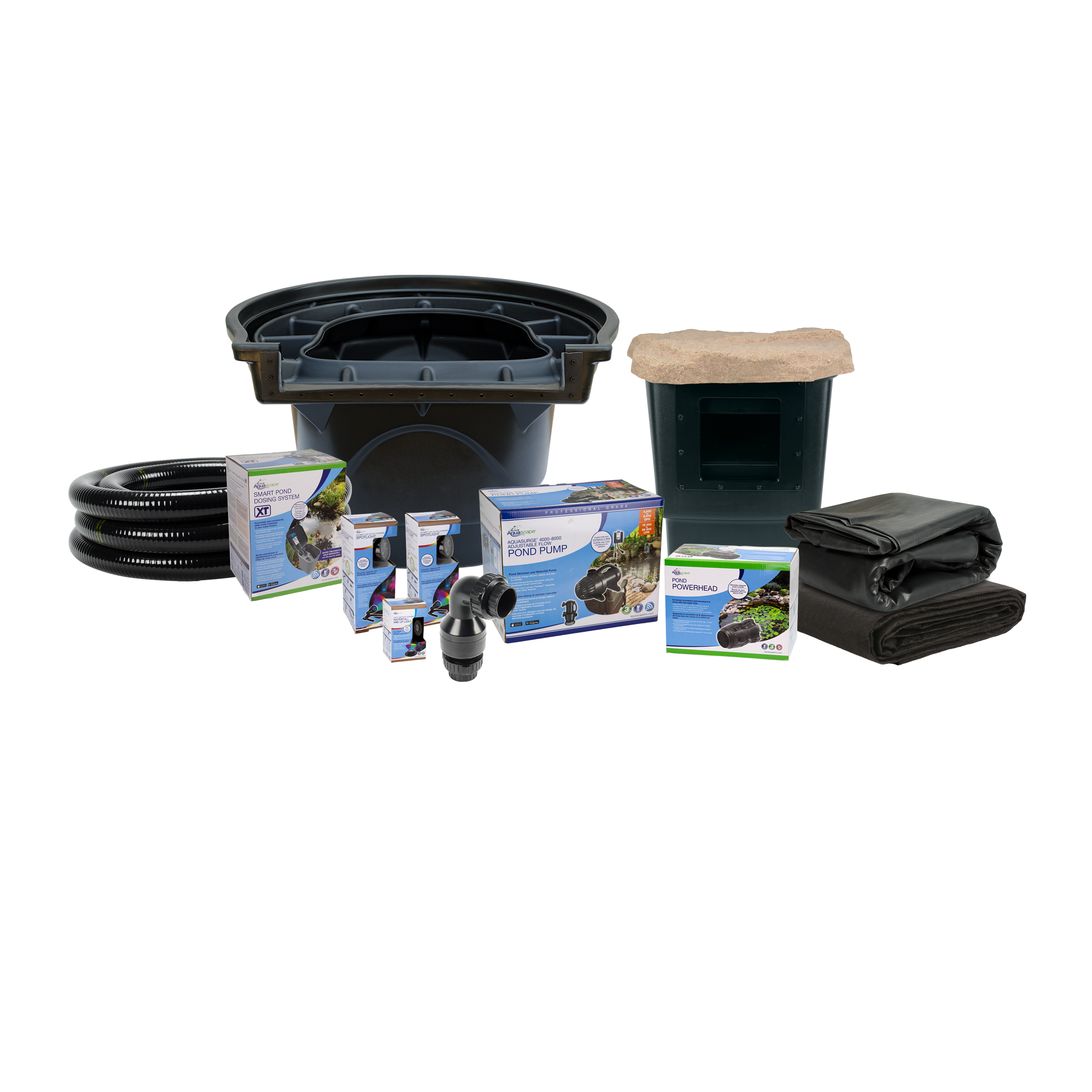 Aquascape Large Deluxe Pond Kit contents, adding a colour-changing LED package and Pond Powerhead
