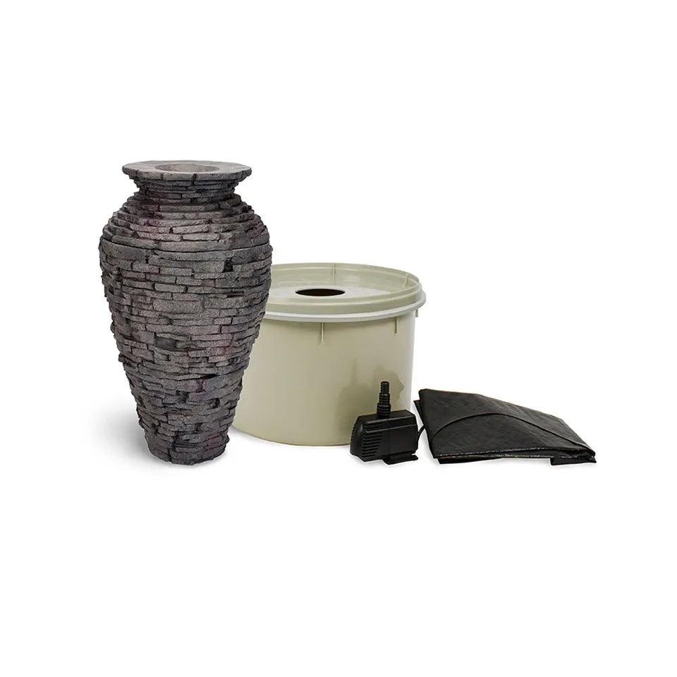 Aquascape Small Stacked Slate Urn Fountain Kit, showing the 85cm urn with its reservoir, pump and fittings
