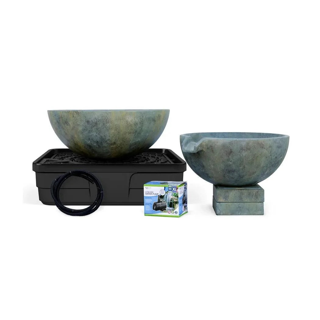 Aquascape Spillway Bowl and Basin Fountain Kit in Patina, 81/102cm, showing both GFRC bowls, the AquaBasin 45 reservoir and Ultra 4500 pump