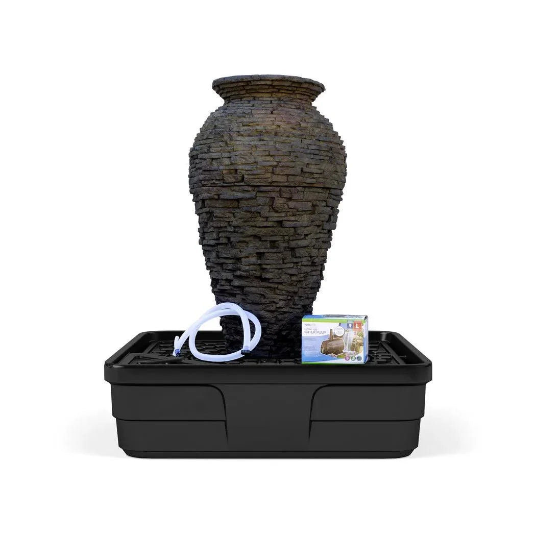 Aquascape Medium Stacked Slate Urn Fountain Kit, showing the 114cm urn, AquaBasin 45 reservoir, Ultra 4500 pump and tubing