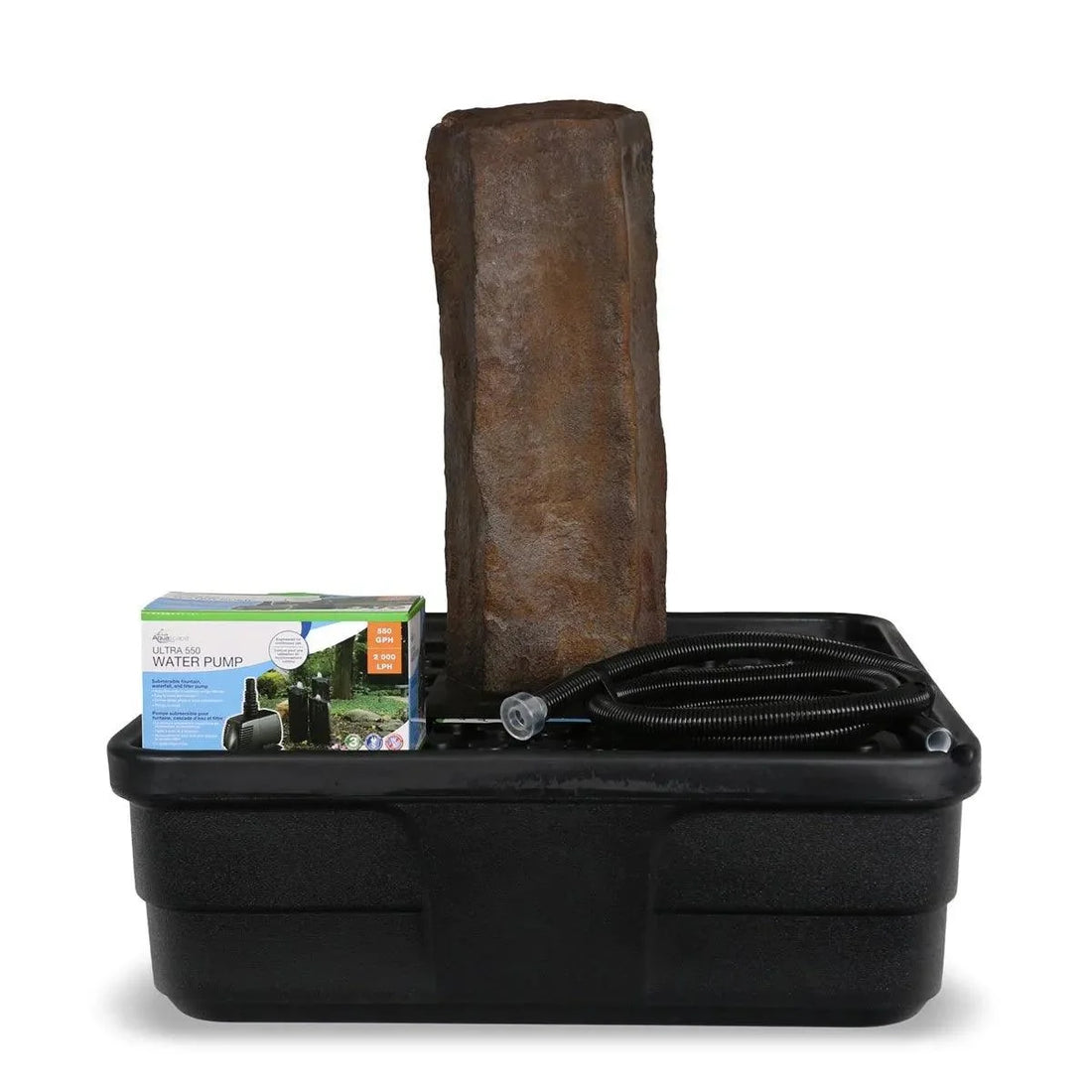 Aquascape Faux Basalt Column Fountain Kit, 61cm, showing the column with AquaBasin 30 reservoir, Ultra 2100 pump and plumbing