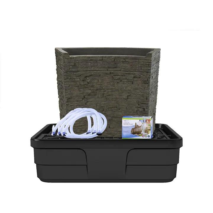 Aquascape Curved Stacked Slate Spillway Wall Fountain Kit, 81cm, showing the curved wall with AquaBasin 45 reservoir and Ultra 8000 pump