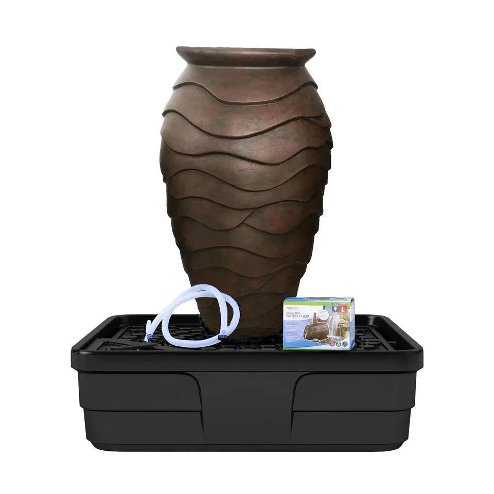 Aquascape Medium Scalloped Urn Fountain Kit, showing the 114cm scalloped urn, AquaBasin 45 reservoir and Ultra 4500 pump