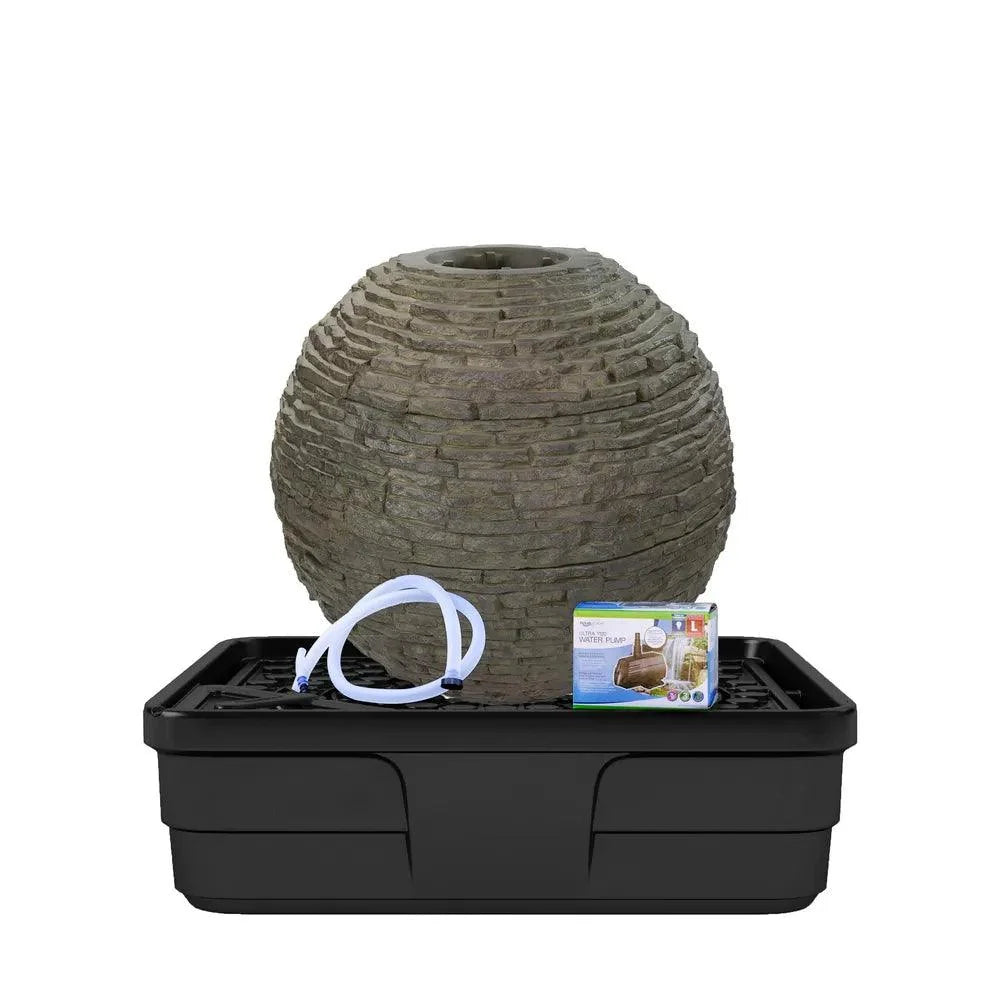 Aquascape Medium Stacked Slate Sphere Fountain Kit, showing the 81cm sphere, AquaBasin 45 reservoir and Ultra 6000 pump