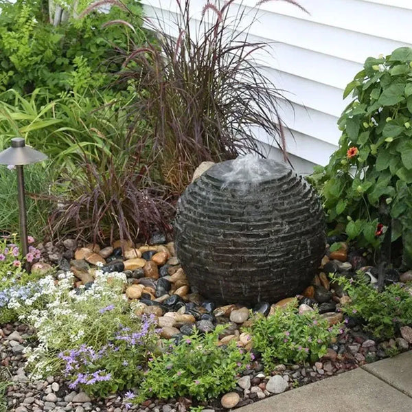 Aquascape Small Stacked Slate Sphere Fountain Kit, showing the 61cm sphere with reservoir, pump and fittings