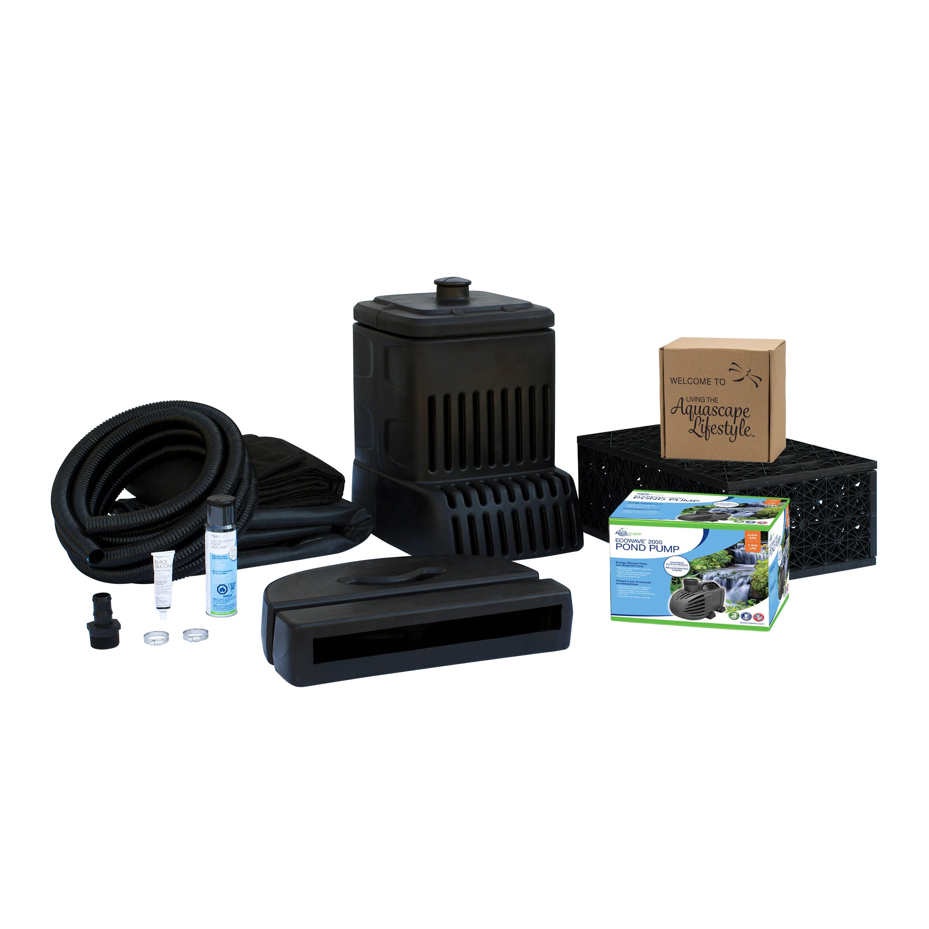 Aquascape DIY Backyard Waterfall Kit contents: Pondless waterfall vault, 2 AquaBlox, waterfall spillway, EcoWave 8000 pump, EPDM liner, flexible pipe and sealant