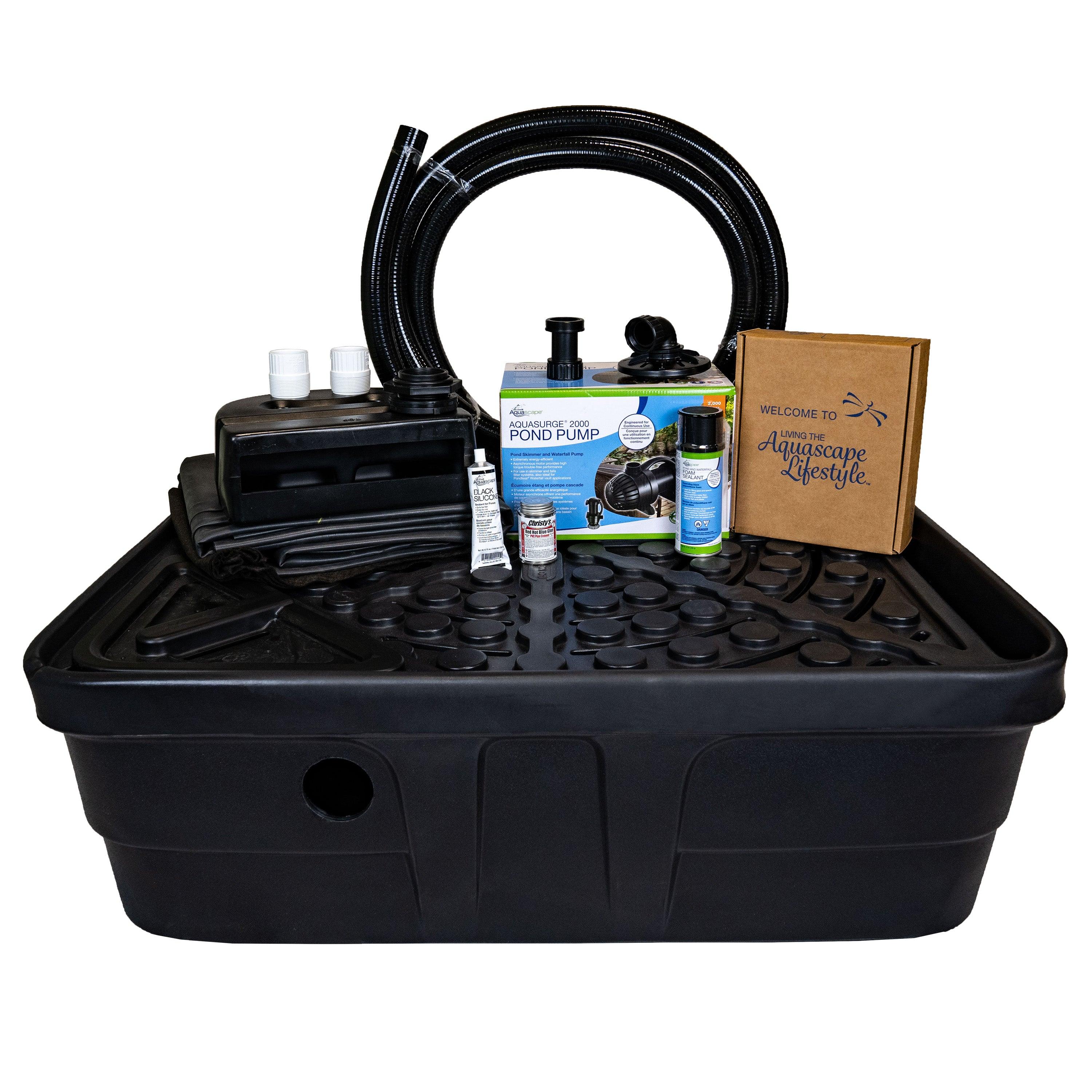 Aquascape Backyard Waterfall Landscape Fountain Kit contents: moulded AquaBasin reservoir, waterfall spillway, AquaSurge 2000 pump, flexible pipe, liner and sealant