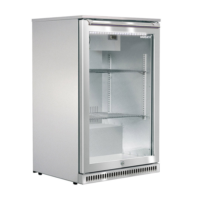 Husky 118L single glass door alfresco drinks chiller in stainless steel.
