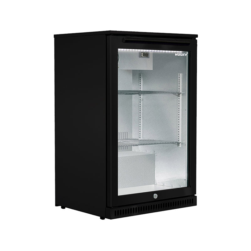 Husky 118L single glass door alfresco drinks chiller in black.