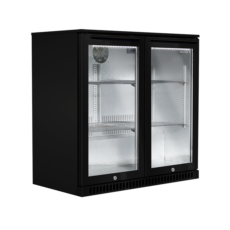 Husky 190L double glass door alfresco drinks chiller in black with digital display.