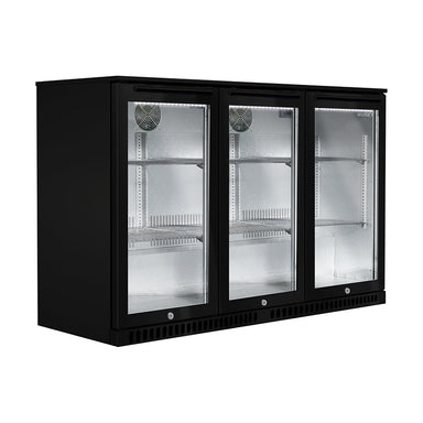 Husky 307L triple glass door alfresco drinks chiller in black with digital display.