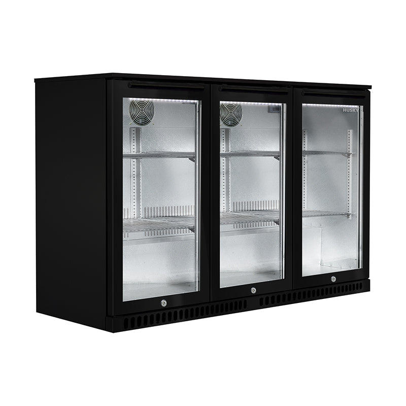 Husky 307L triple glass door alfresco drinks chiller in black with digital display.