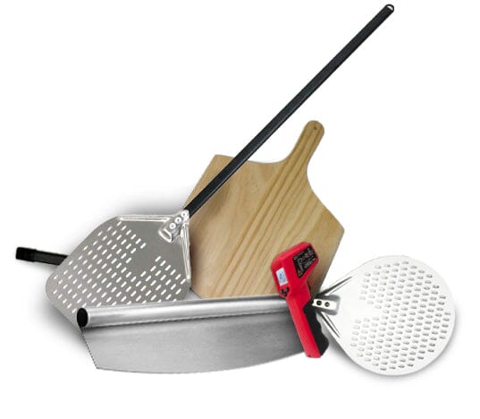 Buschbeck Rondo Pizza Oven Kit tools: wooden pizza peel, long handle peel, turner and infrared thermometer