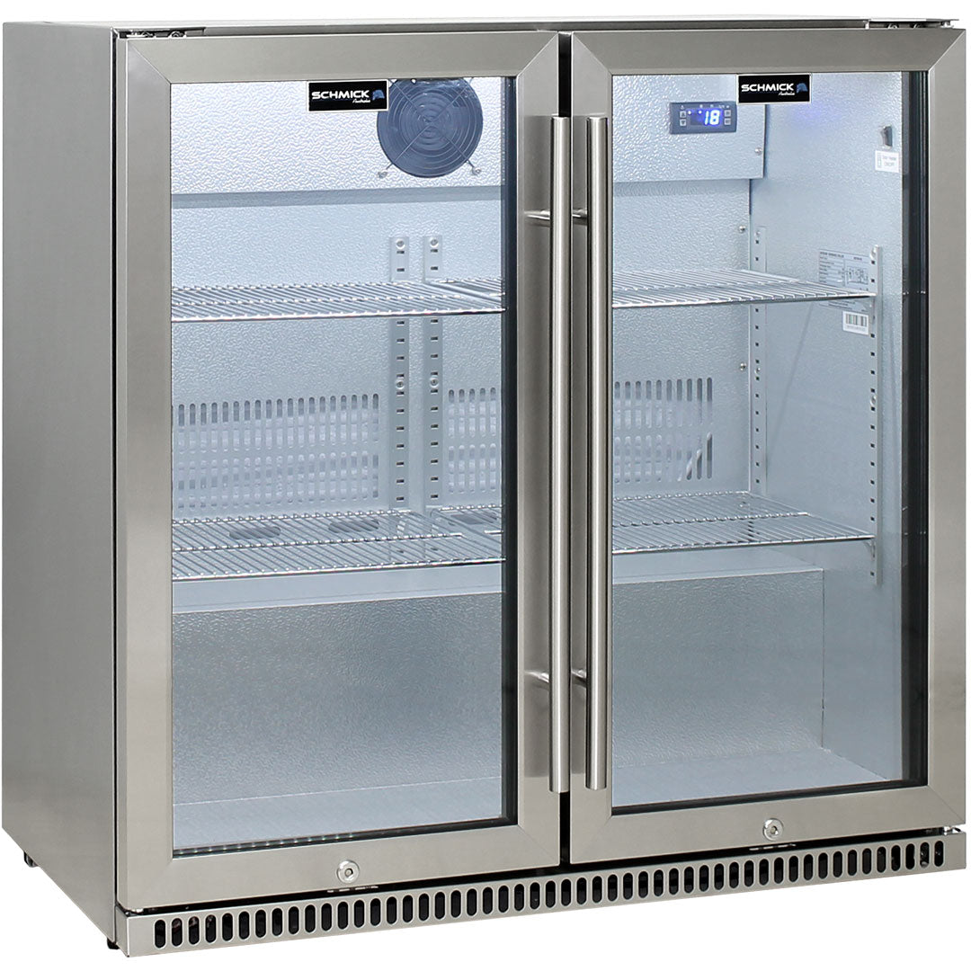 Schmick stainless steel twin-door bar fridge, front venting and lockable doors