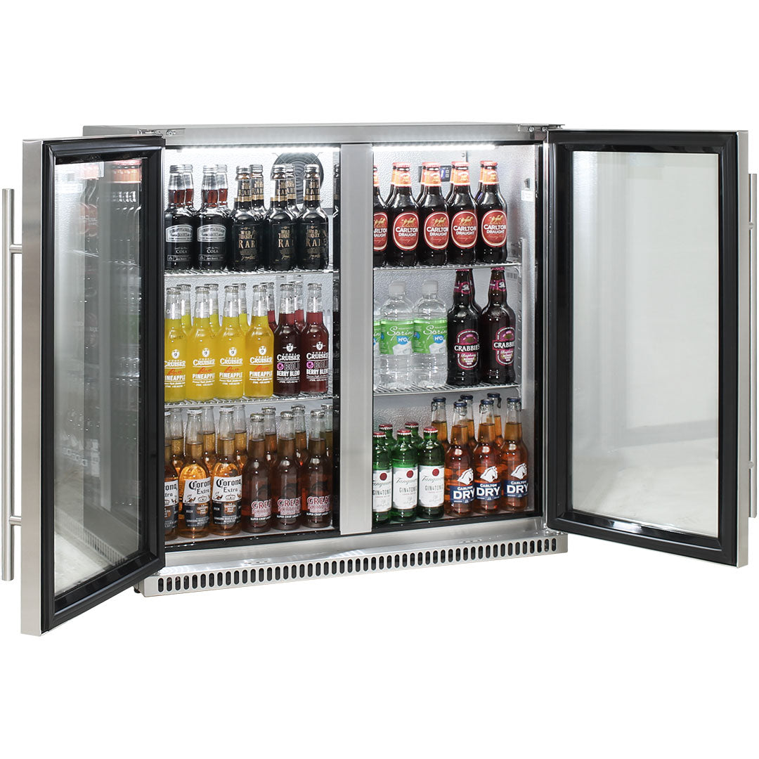 Schmick stainless steel twin-door bar fridge, made to work well over 38 degrees celsius