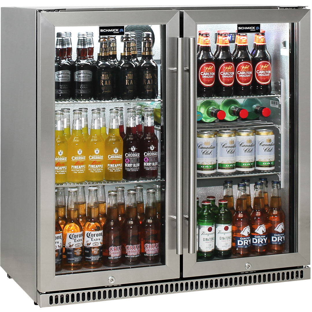 Schmick stainless steel twin-door bar fridge, heated glass stops condensation
