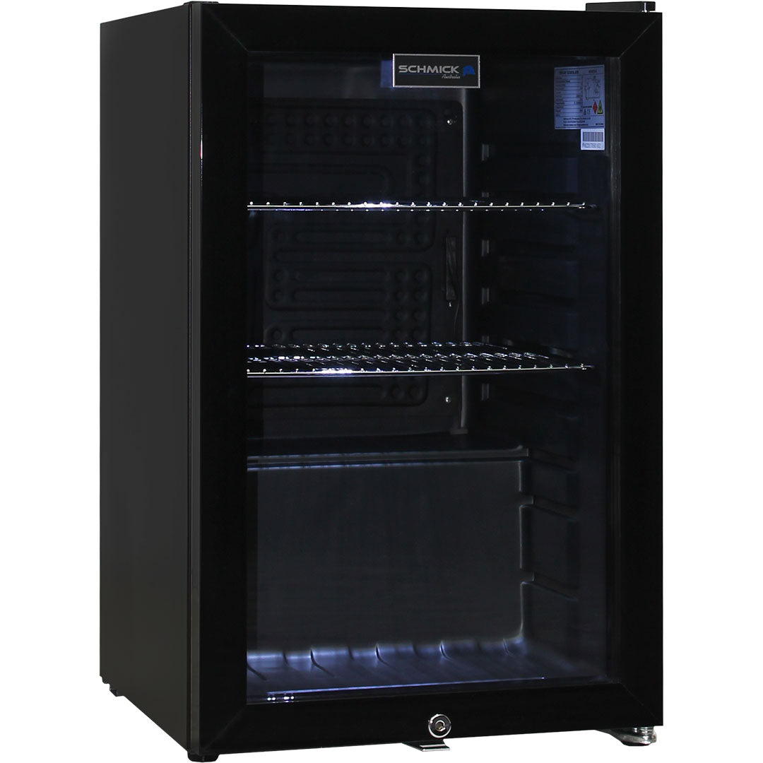 Schmick HUS-SC70-B black glass door bar fridge, angle view