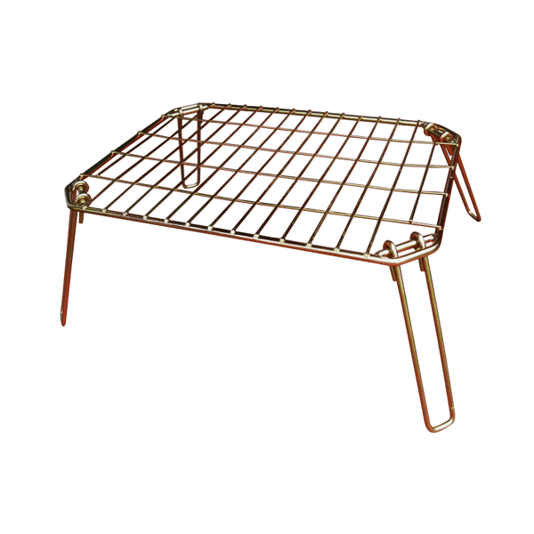 Collapsible rectangular mild steel cooking grid with hinged folding legs, shown on a white background, 440 x 330mm cooking surface with 8mm frame