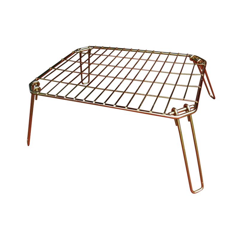Collapsible rectangular mild steel cooking grid with hinged folding legs, shown on a white background, 440 x 330mm cooking surface with 8mm frame