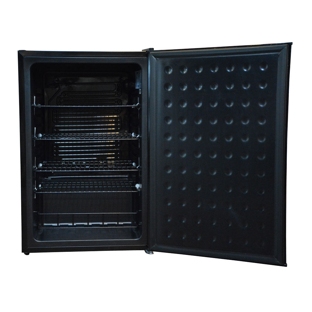 Husky 130L solid door bar fridge in black, angled view