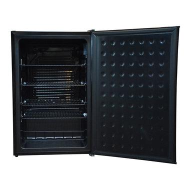 Husky 130L solid door bar fridge in black, angled view