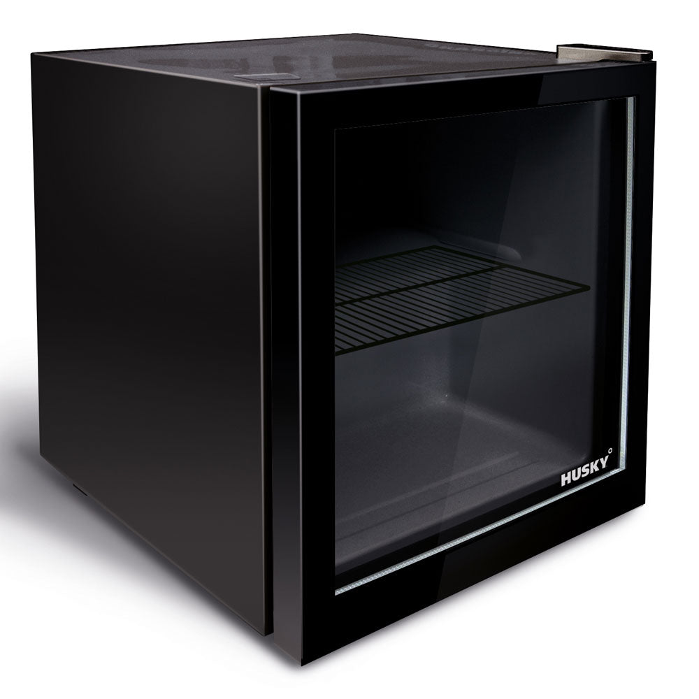 Husky 48L Mini Glass Door Bar Fridge in black, front view with glass door