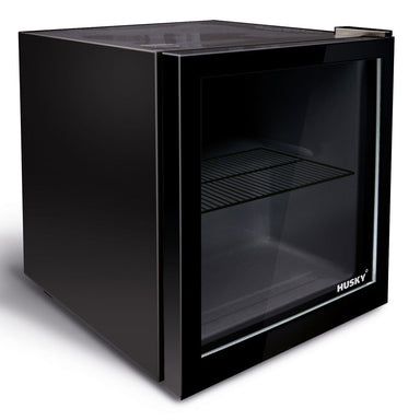 Husky 48L Mini Glass Door Bar Fridge in black, front view with glass door