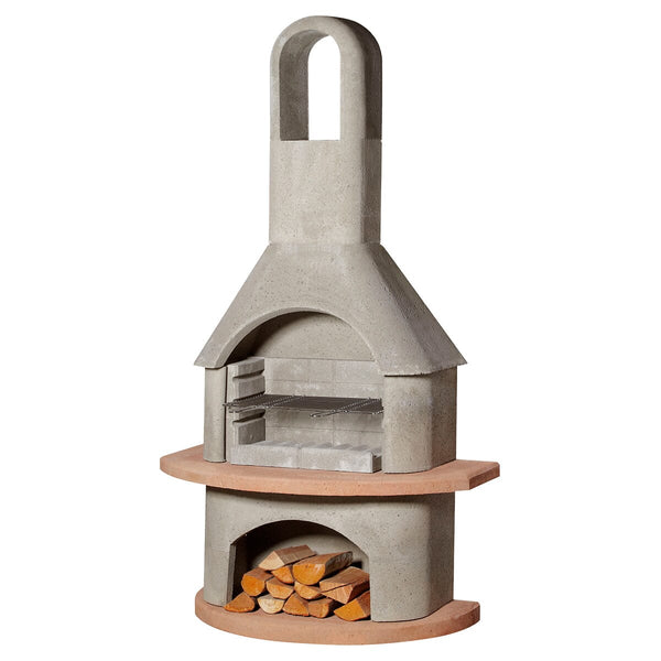 Buschbeck Carmen Outdoor Fireplace, front studio shot, natural grey concrete with a terracotta base and mantle