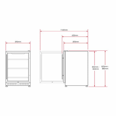 Husky Riserva 154L drinks chiller dimension diagram, 595 x 595 x 870 mm.