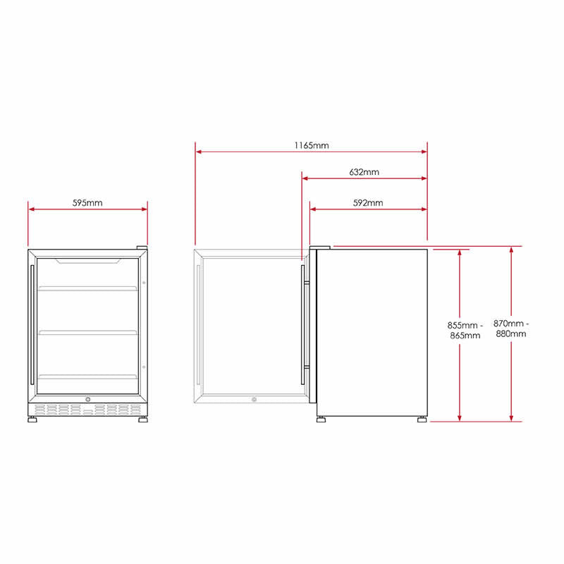 Husky Riserva 154L drinks chiller dimension diagram, 595 x 595 x 870 mm.