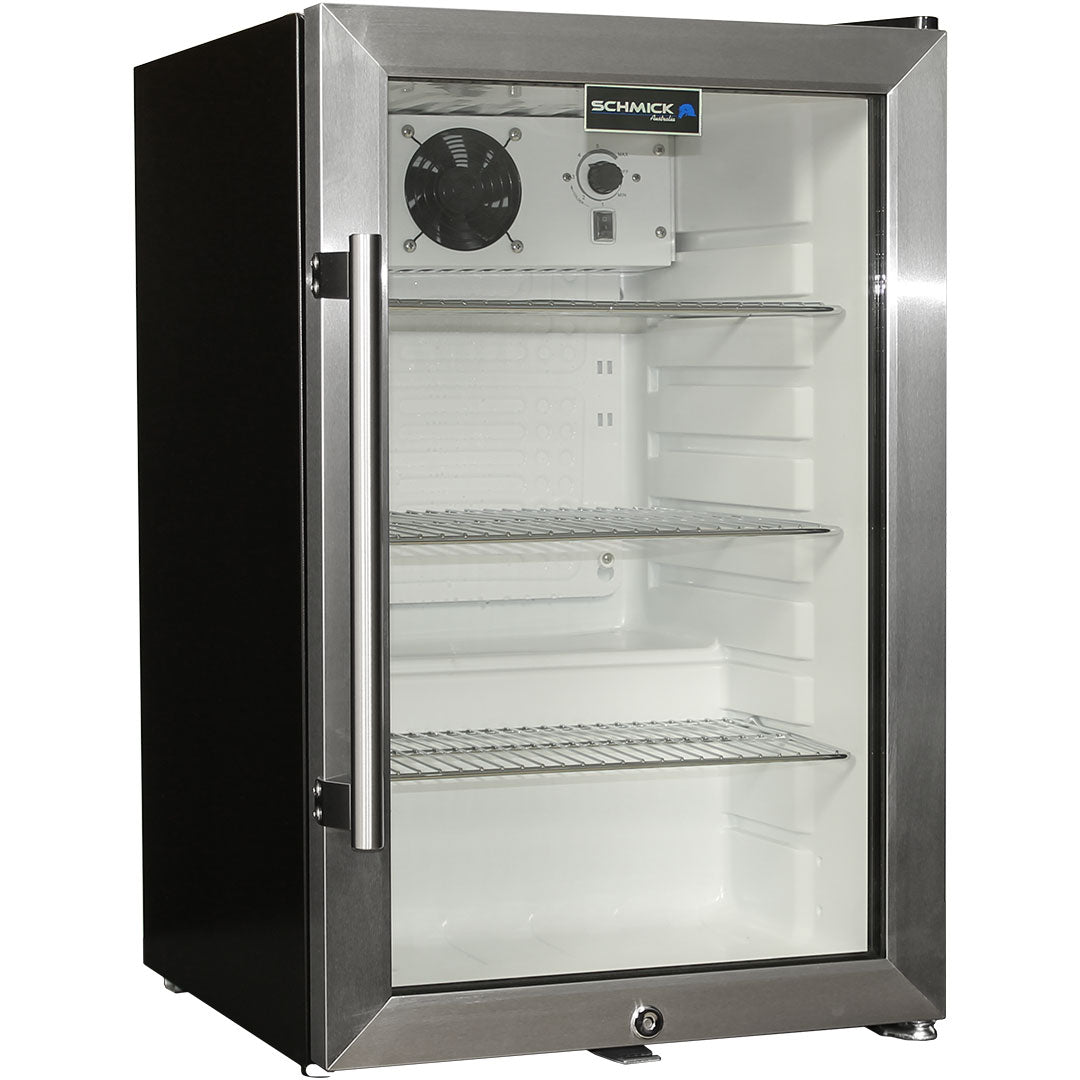 Schmick dual-glazed bar fridge, chromed adjustable shelving