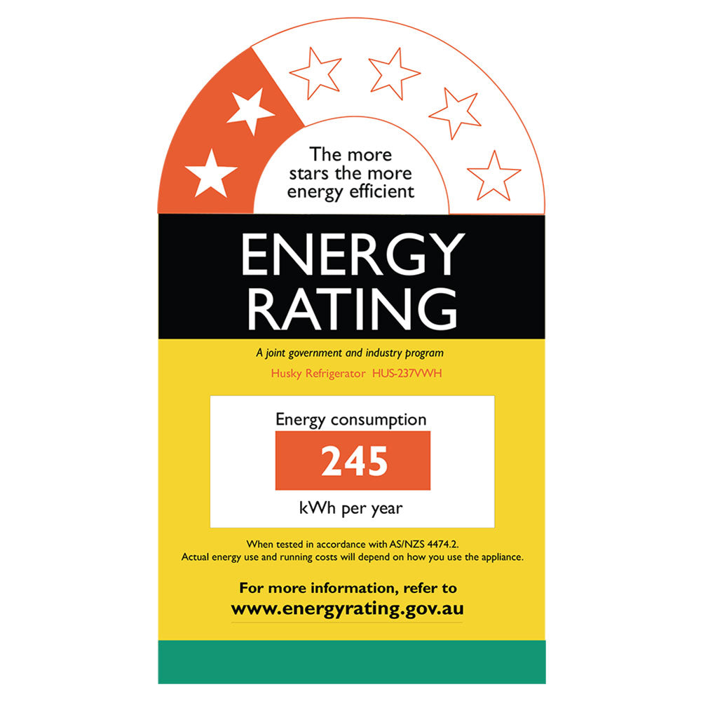 Energy rating label for the Husky 237L solid door vertical fridge