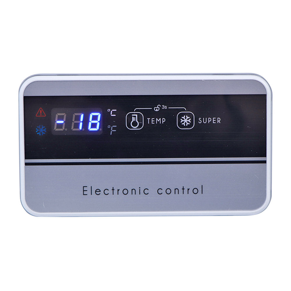 Close-up of the digital temperature control display on the Husky chest fridge and freezer