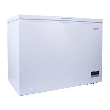 Husky hybrid chest fridge and freezer in white with solid door, front left angle