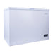 Husky hybrid chest fridge and freezer in white with solid door, front left angle