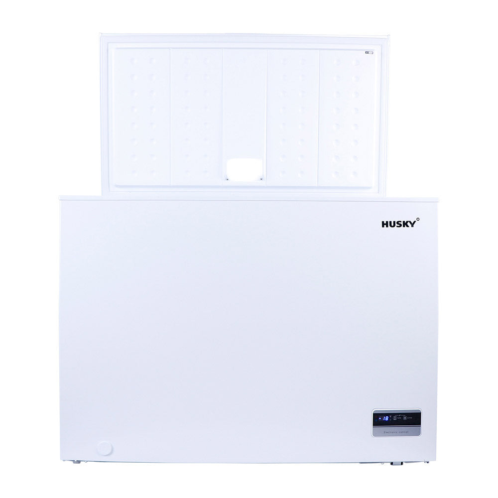 Husky chest fridge and freezer open showing interior capacity and removable storage basket