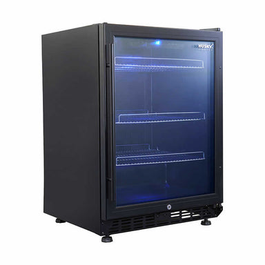 Husky Vino Pro 154L glass door drinks chiller in black, closed.