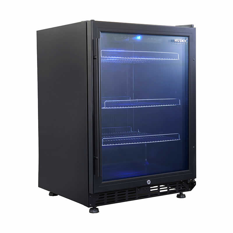 Husky Vino Pro 154L glass door drinks chiller in black, closed.