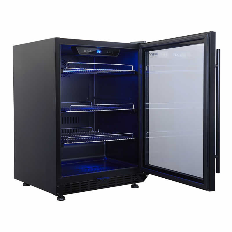 Husky Vino Pro 154L drinks chiller with door open showing stainless steel shelves.