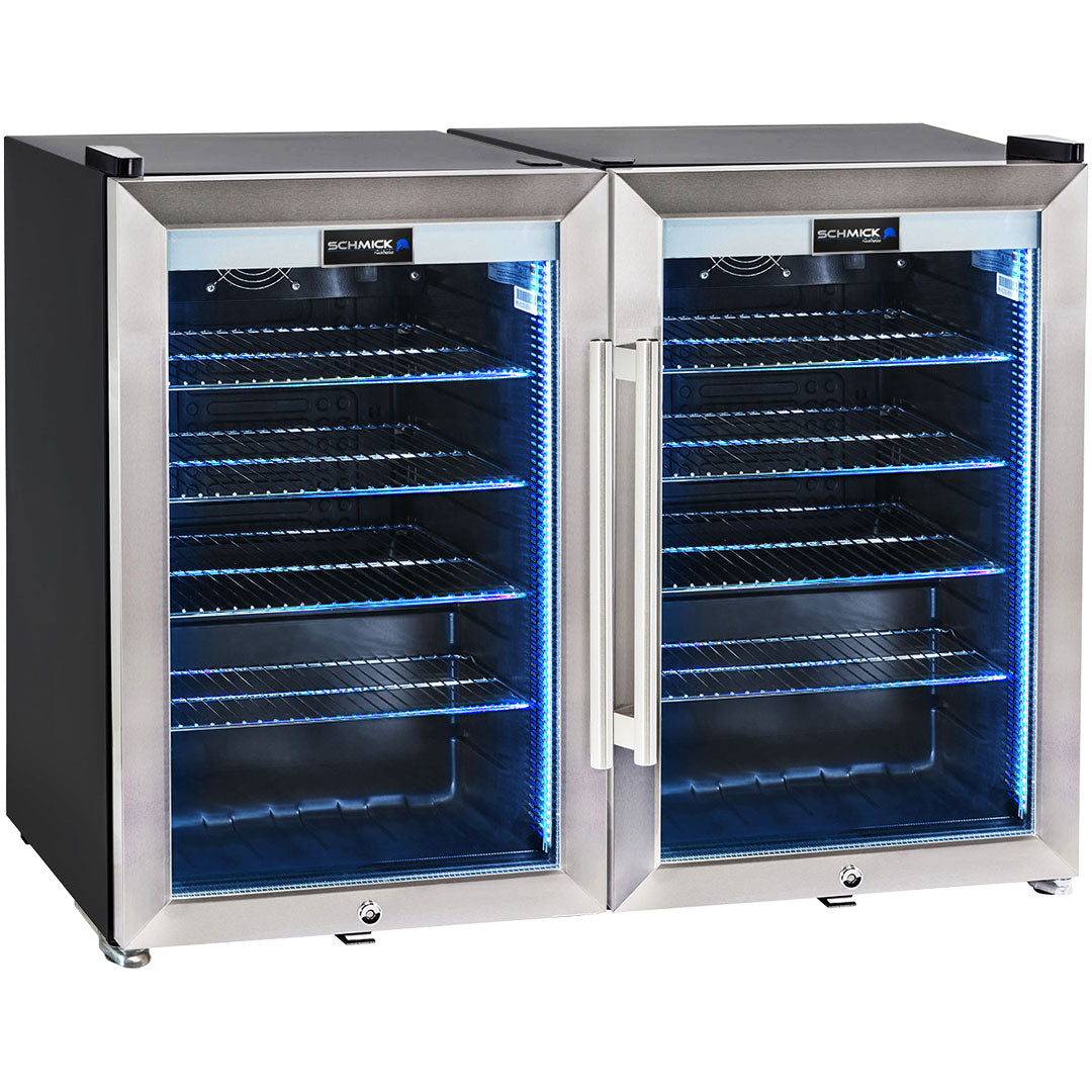 Schmick tropical twin bar fridge pair, blue LED lighting
