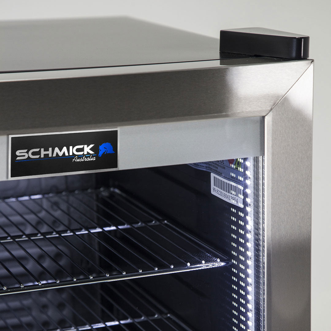 Schmick stainless triple glazed bar fridge, badge detail