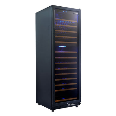 Husky Vino Pro 440L dual zone freestanding wine fridge in black, glass door closed.