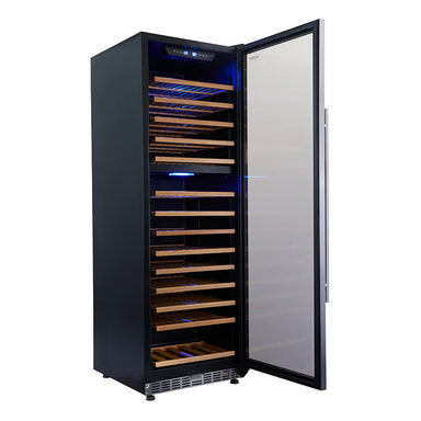Husky Vino Pro 440L dual zone wine fridge in black, glass door open showing beechwood shelves.