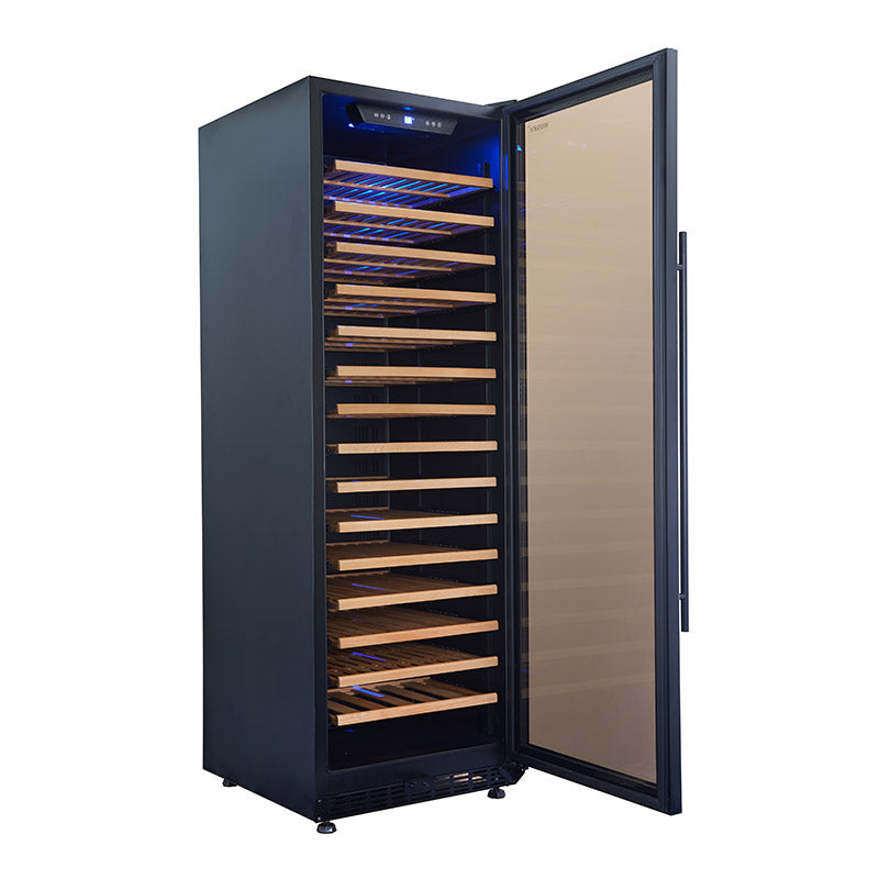 Husky Vino Pro 450L single zone wine fridge in black, glass door open showing beechwood shelves.