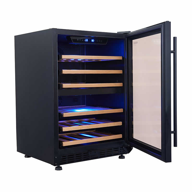 Husky Vino Pro 154L dual zone under-counter wine fridge, door open