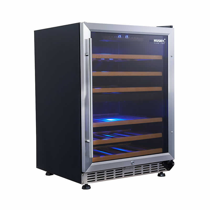 Husky Vino Pro 154L dual zone under-counter wine fridge, angled view